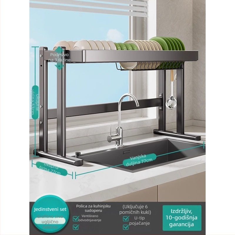 Stalak za posuđe iznad sudopera, karbonska čelična konstrukcija, višenamjenski kuhinjski organizator