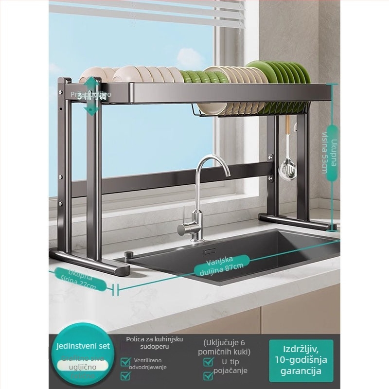 Stalak za posuđe iznad sudopera, karbonska čelična konstrukcija, višenamjenski kuhinjski organizator
