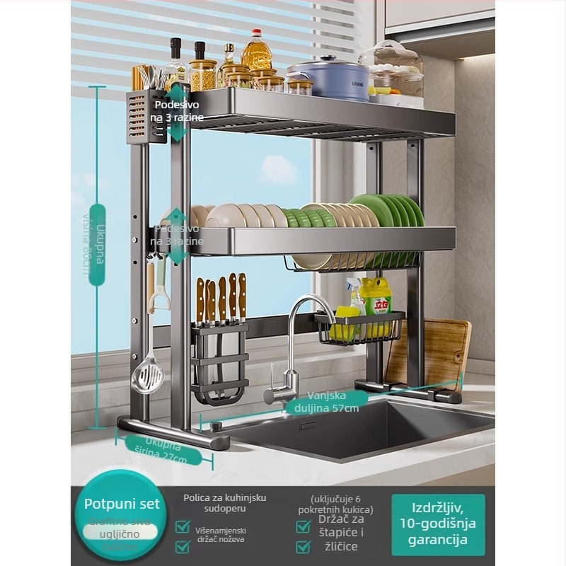 Stalak za posuđe iznad sudopera, karbonska čelična konstrukcija, višenamjenski kuhinjski organizator