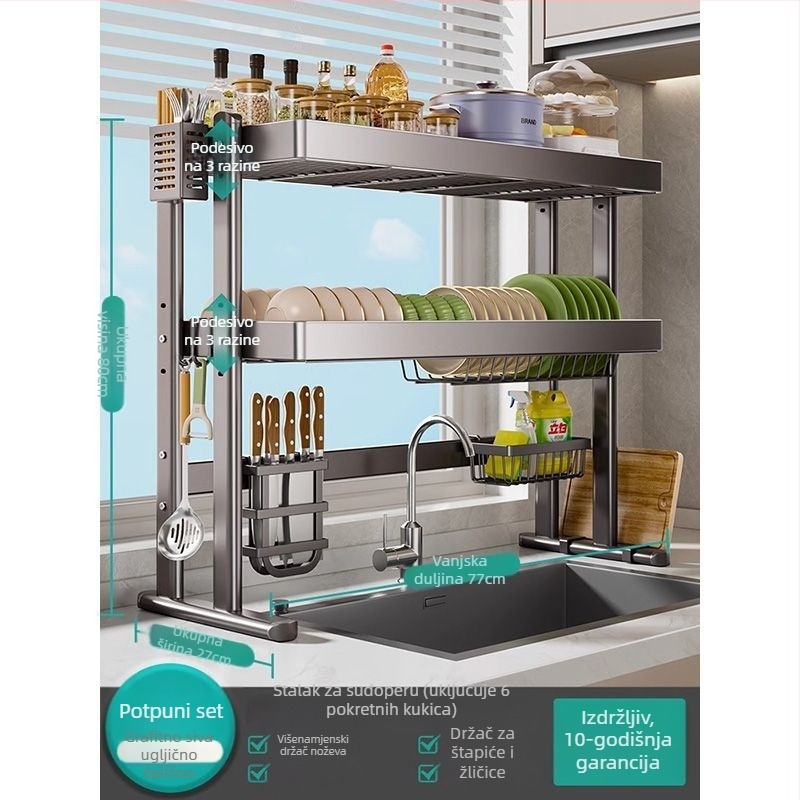 Stalak za posuđe iznad sudopera, karbonska čelična konstrukcija, višenamjenski kuhinjski organizator