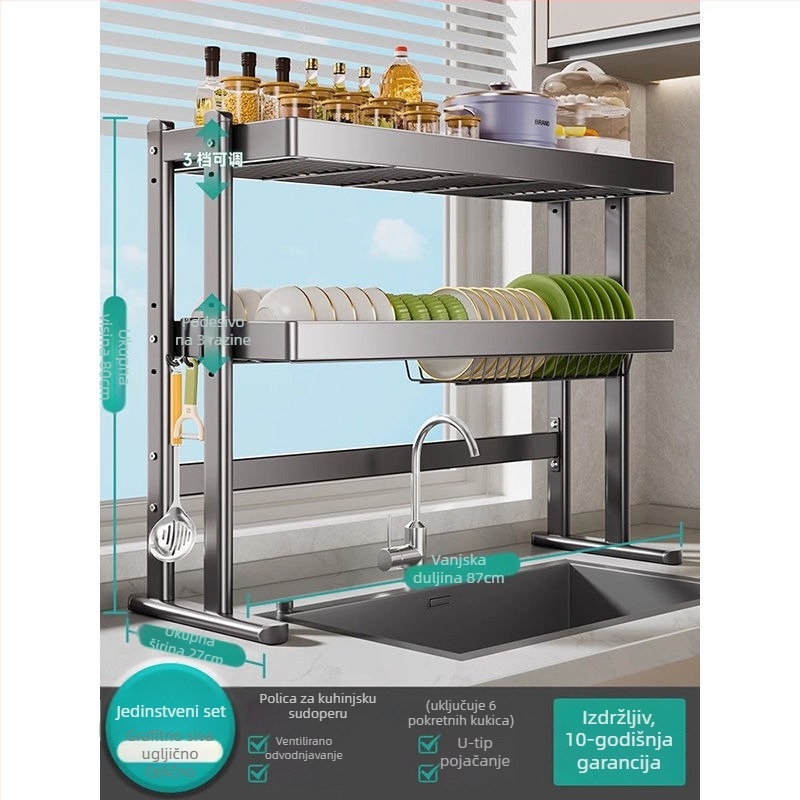 Stalak za posuđe iznad sudopera, karbonska čelična konstrukcija, višenamjenski kuhinjski organizator