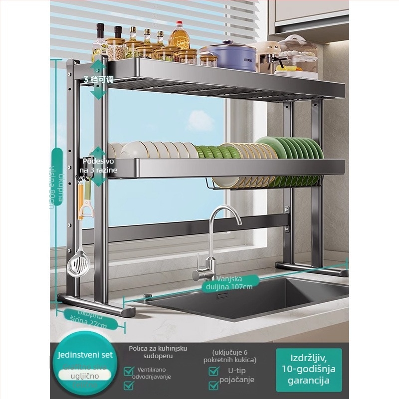 Stalak za posuđe iznad sudopera, karbonska čelična konstrukcija, višenamjenski kuhinjski organizator