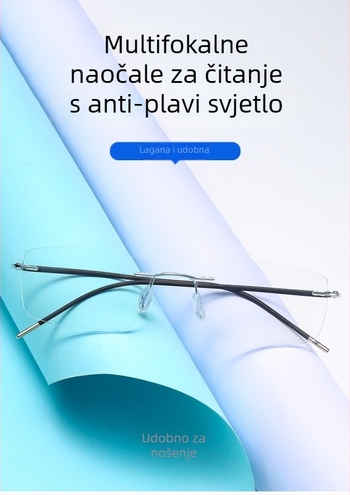 Naočale za čitanje (presbiopijske) – bezokvirne, kvadratne od legure, progresivne višefokalne leće s anti-plavim svjetlom, PC leće