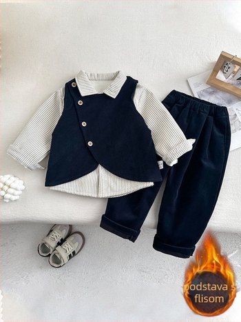 Korejski stil dječji kostim, dvodijelni set, corduroy tkanina s 50% pamuka, prugasti uzorak, za uzrast 1–3 godine, jesen-zima