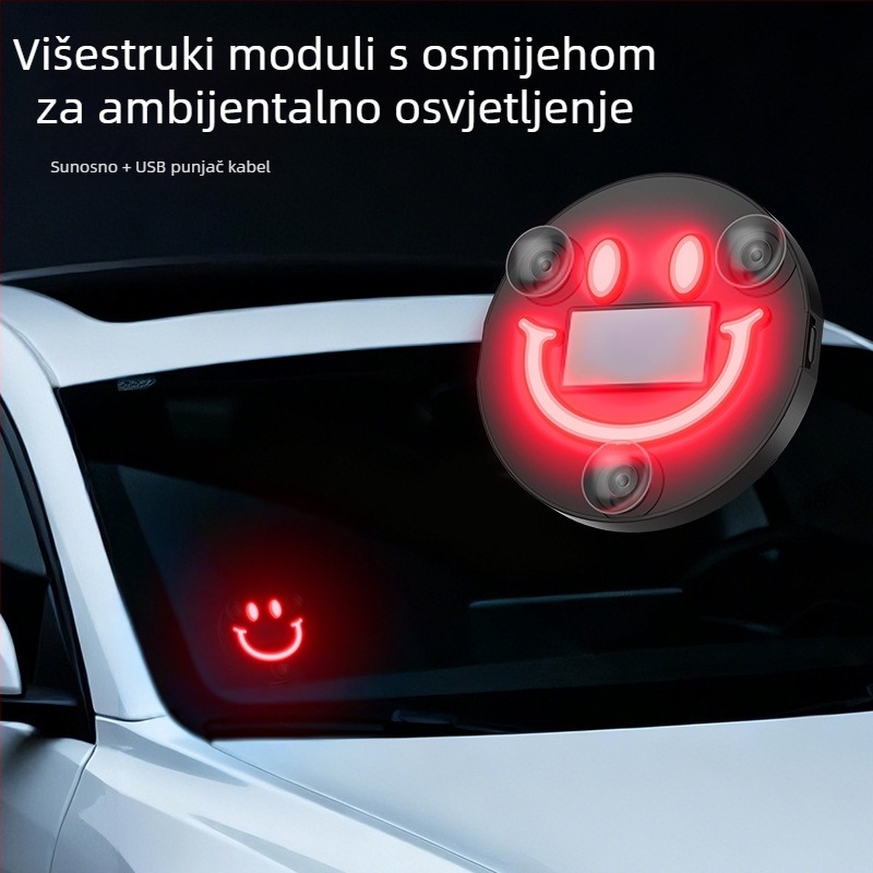 Unutarnja LED rasvjeta automobila, bežično solarna, sa smiješnim licem, trokutastim prozorom, šest boja, dekorativno neonsko osvjetljenje, model XL01, 0.5W, 5V, usisno držalo, ABS