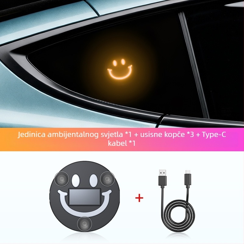 Unutarnja LED rasvjeta automobila, bežično solarna, sa smiješnim licem, trokutastim prozorom, šest boja, dekorativno neonsko osvjetljenje, model XL01, 0.5W, 5V, usisno držalo, ABS