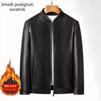 Muška PU kožna jakna, produžena dužina, udoban kroj, rever ovratnik, otklopivi krzneni ovratnik