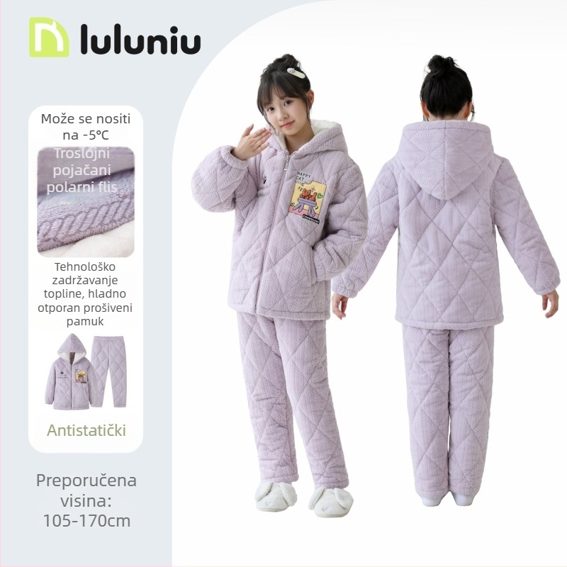 Dječje zimske pidžame za djevojčice, tri sloja quilted, 100% poliester, karikatura uzorak, za dob djece preko 8 godina