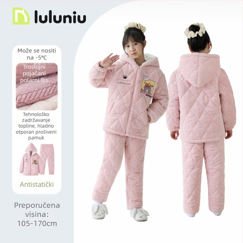 Dječje zimske pidžame za djevojčice, tri sloja quilted, 100% poliester, karikatura uzorak, za dob djece preko 8 godina