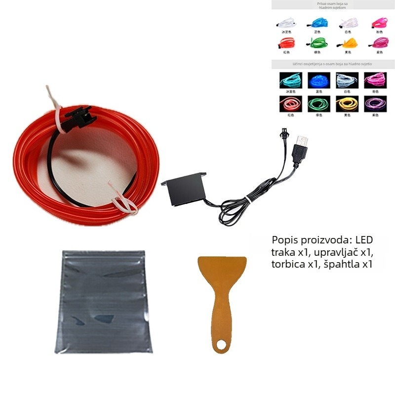 Unutarnja automobilska LED traka za ambijentalno osvjetljenje, USB sučelje, 5V, 3W, EL materijal, ugrađena u prednji unutrašnji prostor, hladna atmosfera svjetla