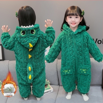 Dječja dinosaura flanel pidžama u one-pieceu, korejskog stila, zima, dvostruko pojačano (koralni flis; poliester; neutralni spol)