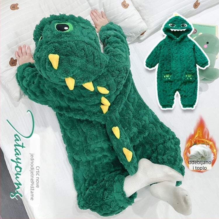 Dječja dinosaura flanel pidžama u one-pieceu, korejskog stila, zima, dvostruko pojačano (koralni flis; poliester; neutralni spol)