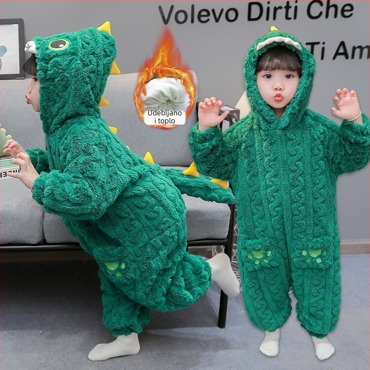 Dječja dinosaura flanel pidžama u one-pieceu, korejskog stila, zima, dvostruko pojačano (koralni flis; poliester; neutralni spol)