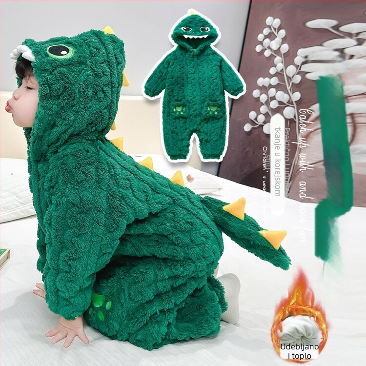 Dječja dinosaura flanel pidžama u one-pieceu, korejskog stila, zima, dvostruko pojačano (koralni flis; poliester; neutralni spol)