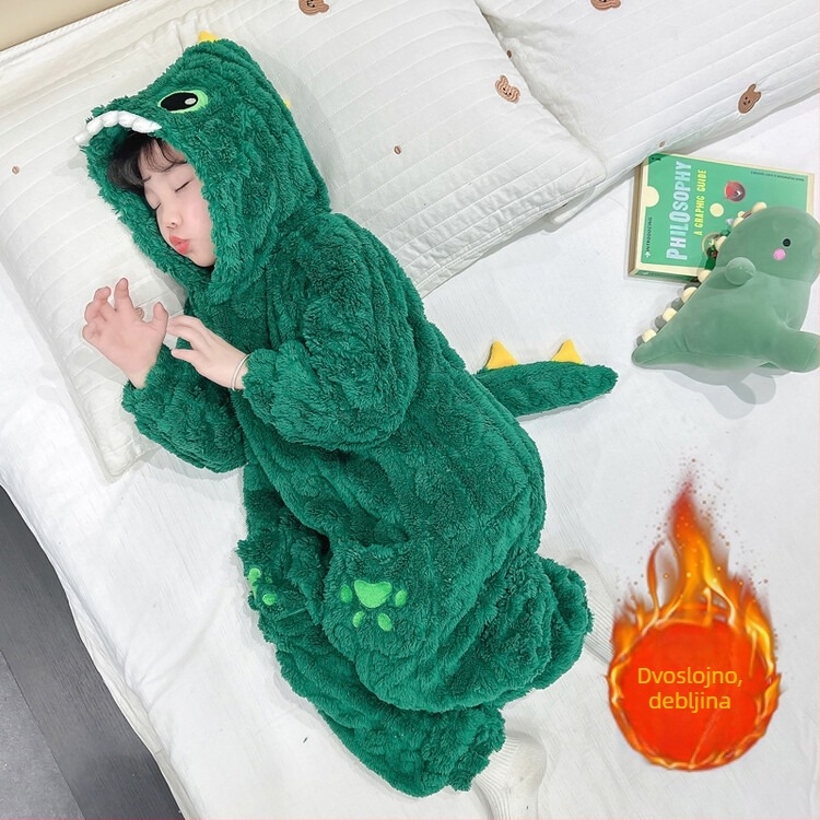 Dječja dinosaura flanel pidžama u one-pieceu, korejskog stila, zima, dvostruko pojačano (koralni flis; poliester; neutralni spol)