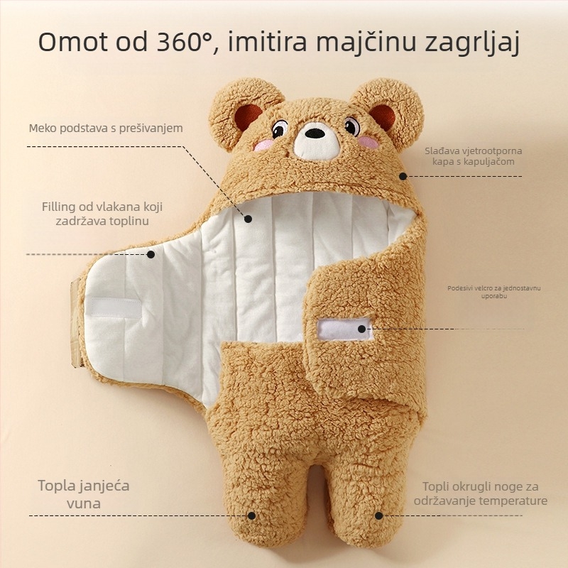 Dječji cocoon vreća za spavanje s vanjskim polarnim fleeceom, unutarnja podstava od čistog pamuka, punilo pamuk, uzorak životinja