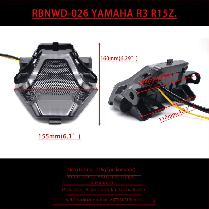 Zadnja svjetlost motocikla, model RBNWD-026, 1W LED, 12V, kompatibilno s DC-12V univerzalom i Yamahom