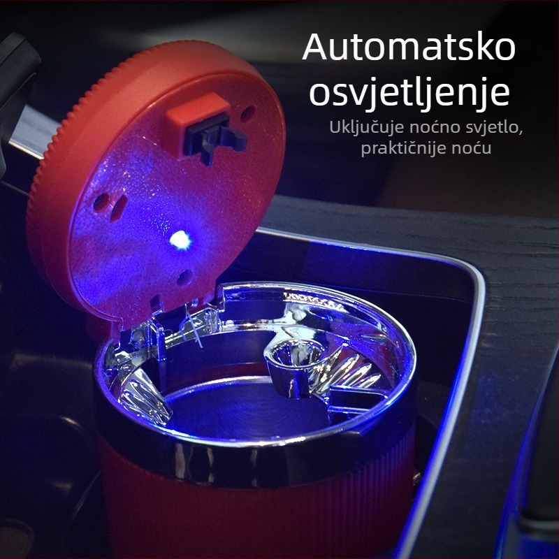 Automobilski pepelnjak, višestruke funkcionalnosti s tlačnim poklopcem, unutarnja ABS obloga, LED rasvjeta, otporno na plamen 4A, model 021, težina 122 g