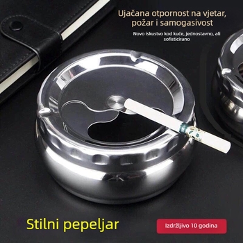 Pepelarnik od nehrđajućeg čelika s poklopcem, zatvoren, otporan na vjetar i padanje, graviran.