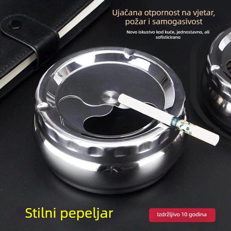 Pepelarnik od nehrđajućeg čelika s poklopcem, zatvoren, otporan na vjetar i padanje, graviran.