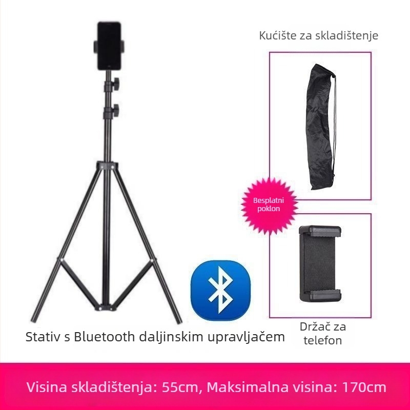 Držač za mobitel i stativ za uživo prijenos, univerzalno fotografiranje, stolni ili stojeći, teleskopski, nehrđajući čelik