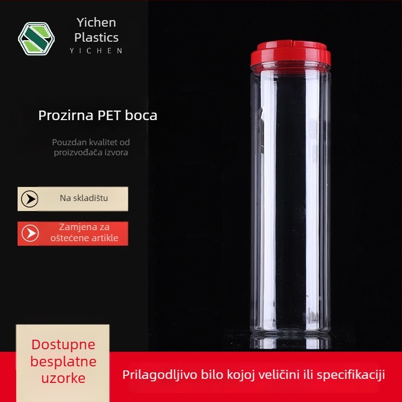 PET prozirna cilindrična boca s ručkom i širokim otvorom za dnevnu kemijsku ambalažu, logo tiskano