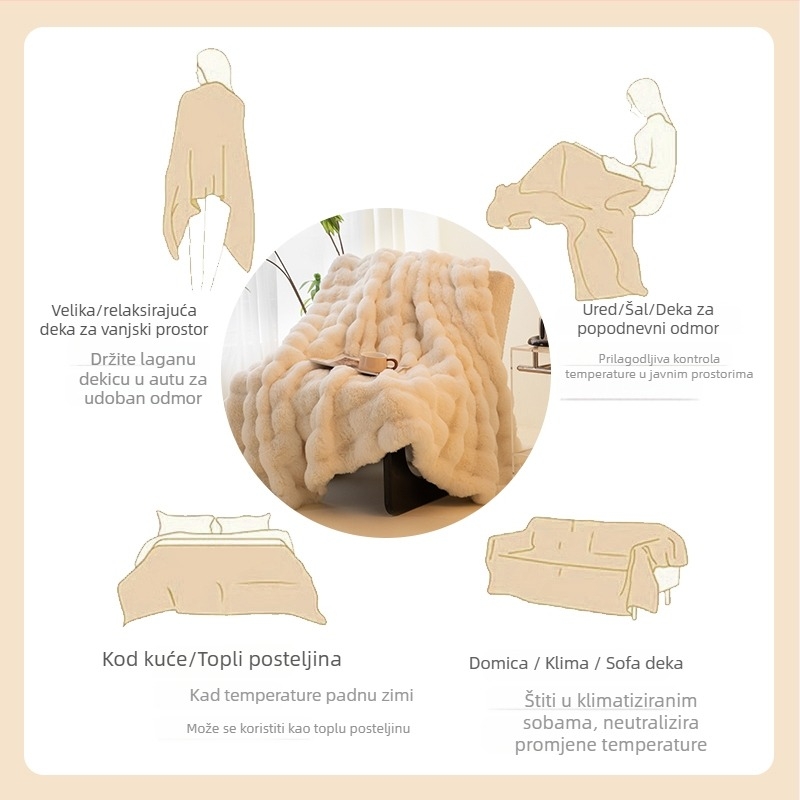 Deka od krznenog zeca, dvostruko debela za zimu, za ured i kauč • Sastav: 100% poliester • Težina: 850 g/m² • Sezona: Zima