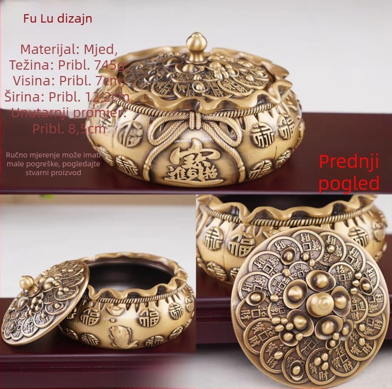 Mjesingasti pepeljarnik s poklopcem, Money bag model, graviran dizajn u kineskom stilu, Hongda bronze ware