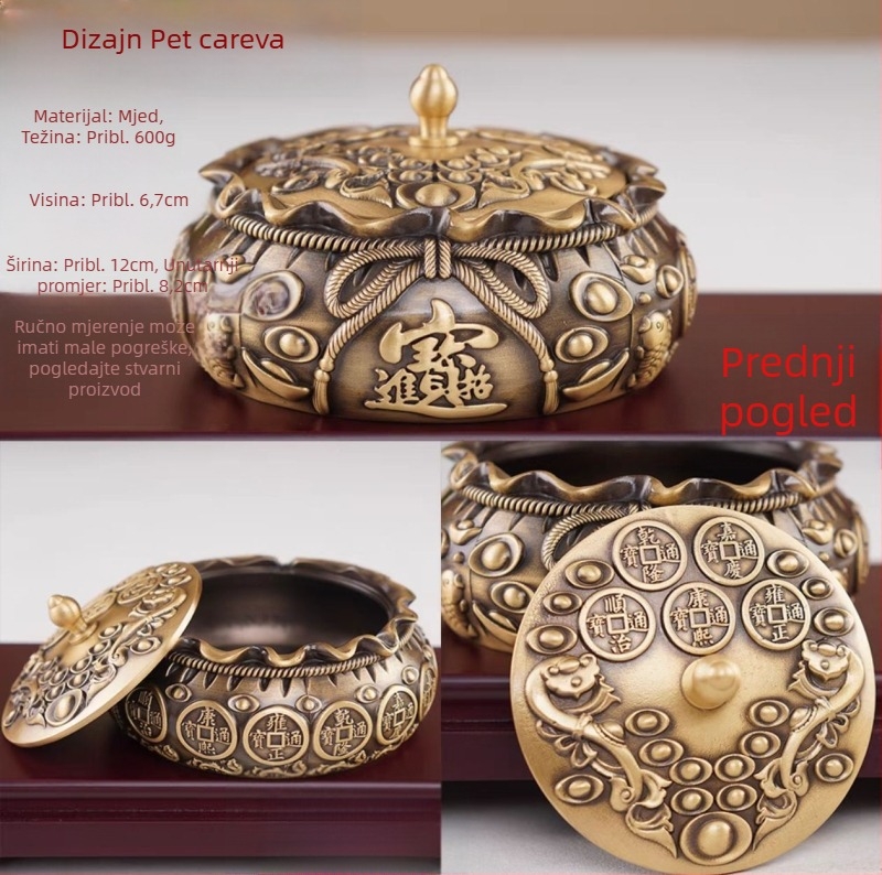 Mjesingasti pepeljarnik s poklopcem, Money bag model, graviran dizajn u kineskom stilu, Hongda bronze ware