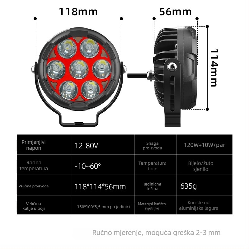Sedmerostruki LED reflektor za motocikl, LED svjetlo za maglu, pomoćno svjetlo za teren – ultra jako prednje svjetlo