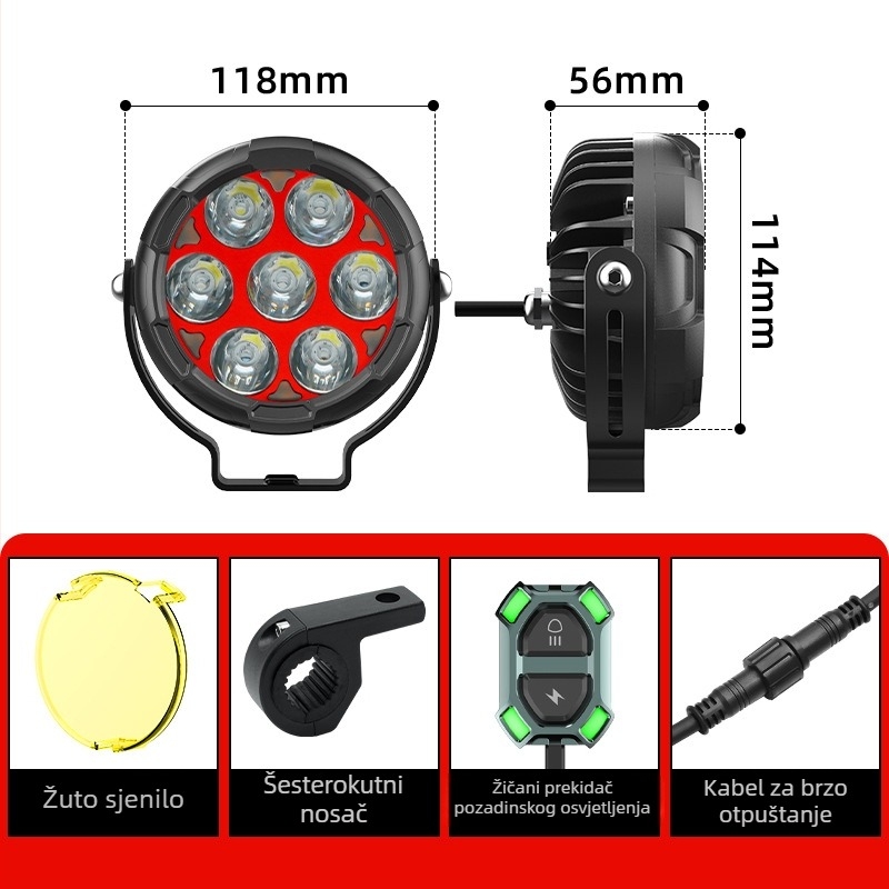 Sedmerostruki LED reflektor za motocikl, LED svjetlo za maglu, pomoćno svjetlo za teren – ultra jako prednje svjetlo