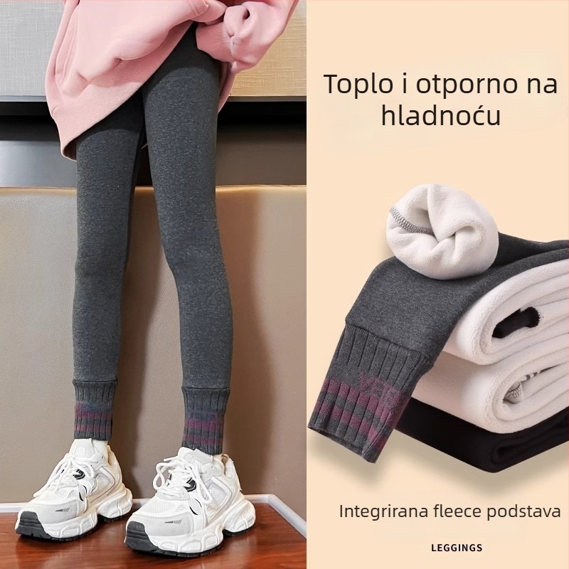 Leggings za djevojčice s Sherpa podstavom za zimu – pamuk, srednje visoki pojas, elastičan pojas, bez otvora u preponi, korejski stil