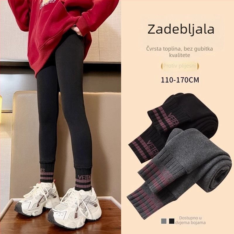 Leggings za djevojčice s Sherpa podstavom za zimu – pamuk, srednje visoki pojas, elastičan pojas, bez otvora u preponi, korejski stil