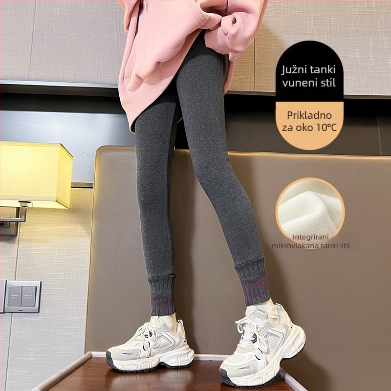 Leggings za djevojčice s Sherpa podstavom za zimu – pamuk, srednje visoki pojas, elastičan pojas, bez otvora u preponi, korejski stil