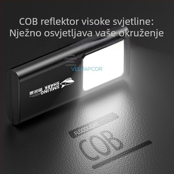 Prijenosna COB LED svjetiljka s četiri razine osvjetljenja, ručno punjenje, ABS kućište, baterija 800–5000 mAh, domet zrake 100–200 m