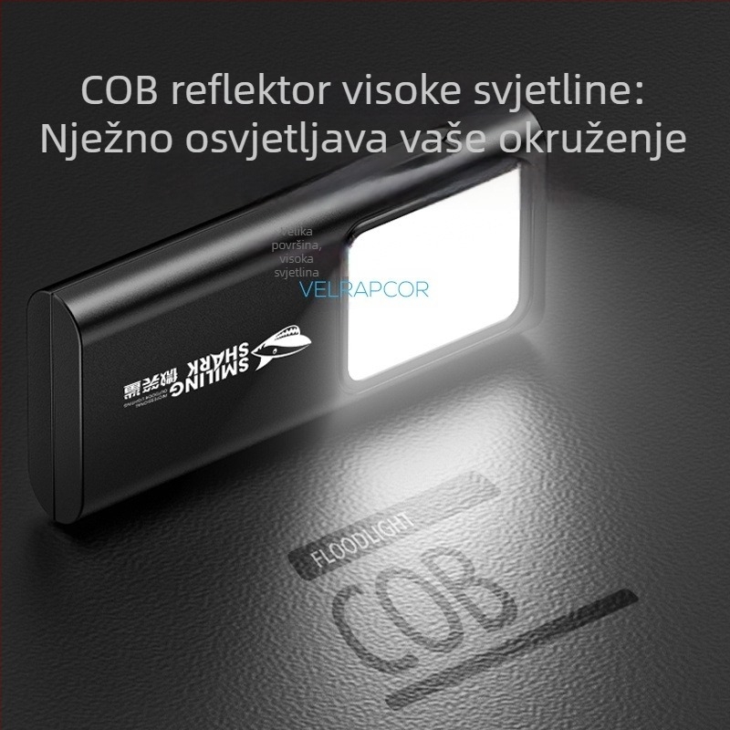 Prijenosna COB LED svjetiljka s četiri razine osvjetljenja, ručno punjenje, ABS kućište, baterija 800–5000 mAh, domet zrake 100–200 m