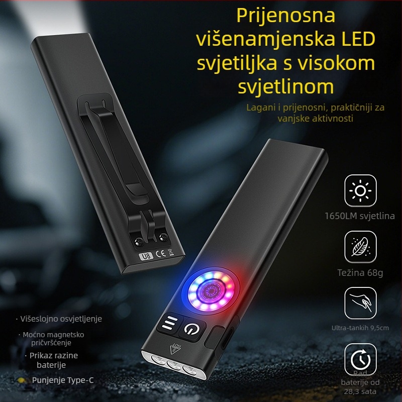 U8 mini EDC svjetiljka s plosnatim cilindrom, 650 lm, punjiva, magnetsko radno svjetlo, vodootporna