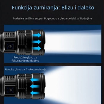 LED ručna svjetiljka, 30W, 5400mAh punjiva baterija, do 500 m dometa, trajanje 4-10 sati, Power Bank funkcija