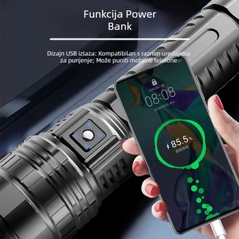 LED ručna svjetiljka, 30W, 5400mAh punjiva baterija, do 500 m dometa, trajanje 4-10 sati, Power Bank funkcija
