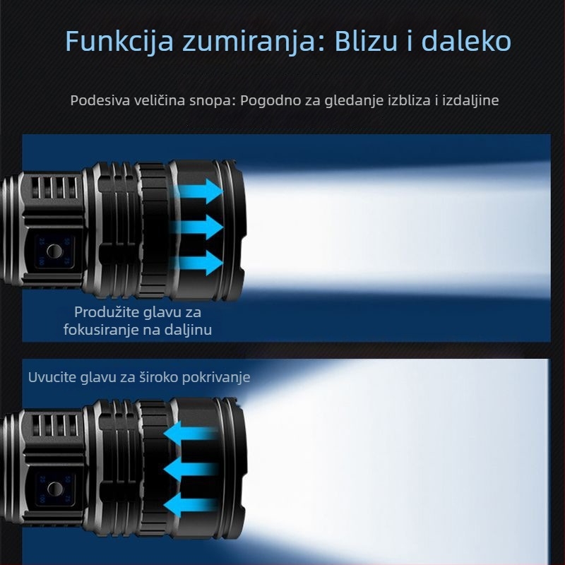 LED ručna svjetiljka, 30W, 5400mAh punjiva baterija, do 500 m dometa, trajanje 4-10 sati, Power Bank funkcija