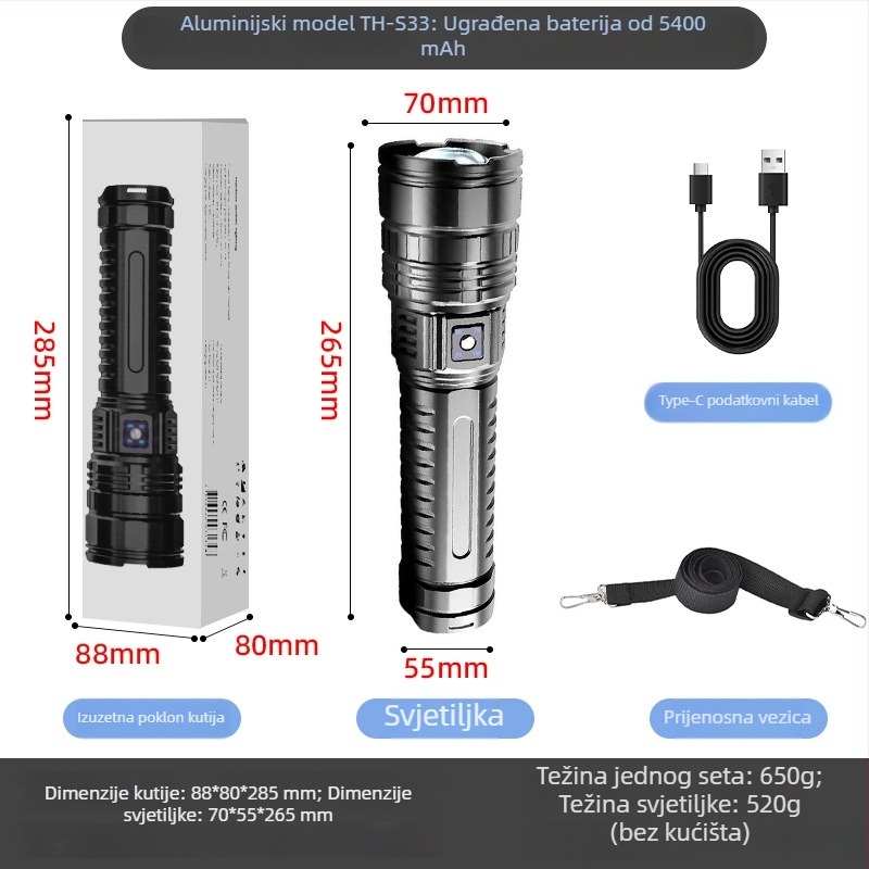 LED ručna svjetiljka, 30W, 5400mAh punjiva baterija, do 500 m dometa, trajanje 4-10 sati, Power Bank funkcija
