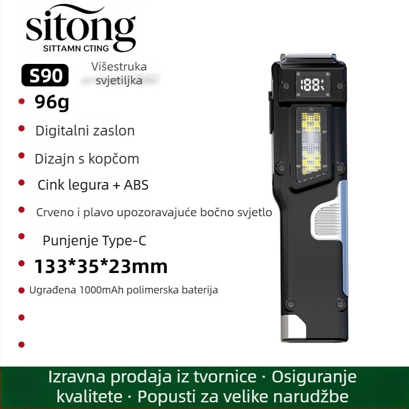 LED taktička ručna svjetiljka, ultra-tanka prijenosna s digitalnim zaslonom, tri izvora svjetla, Type-C punjenje, 1000mAh, domet 100–200 m