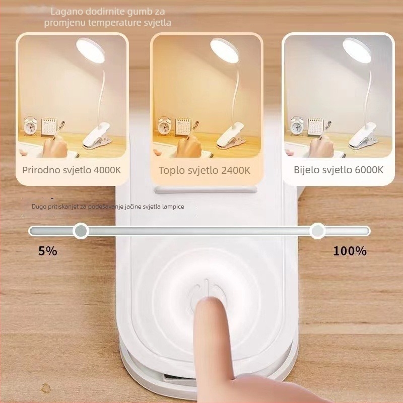 Klips stolna lampa s zaštitom očiju, LED noćno svjetlo s dodirnim upravljačem, ugrađena litijska baterija, plastični abažur