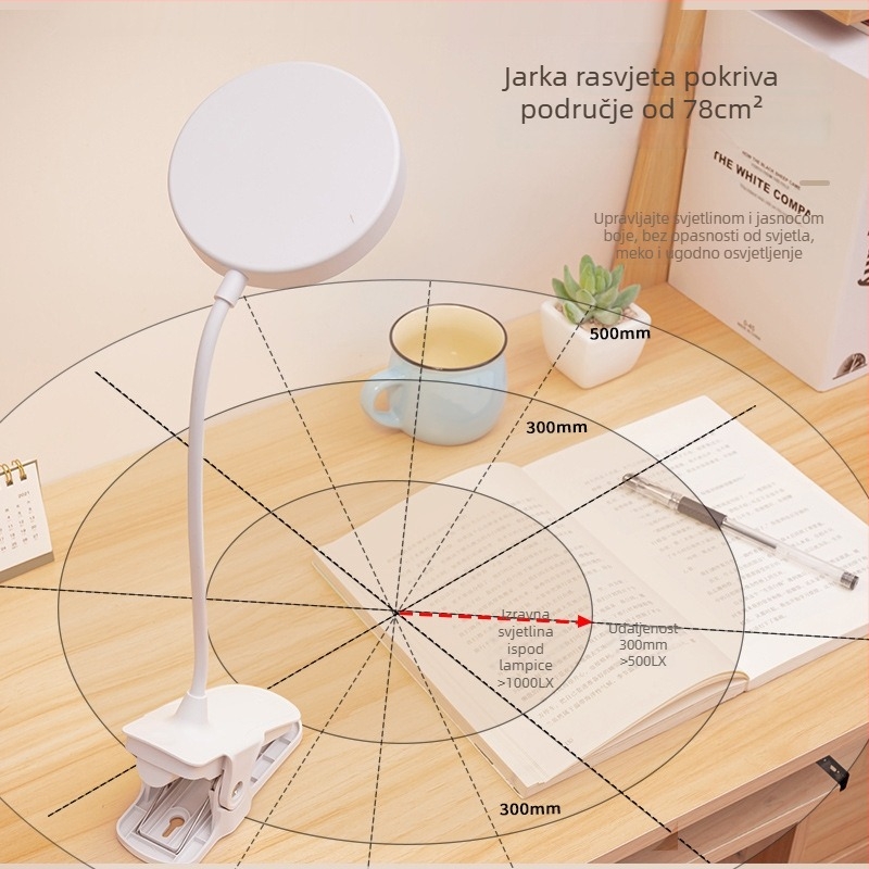 Klips stolna lampa s zaštitom očiju, LED noćno svjetlo s dodirnim upravljačem, ugrađena litijska baterija, plastični abažur