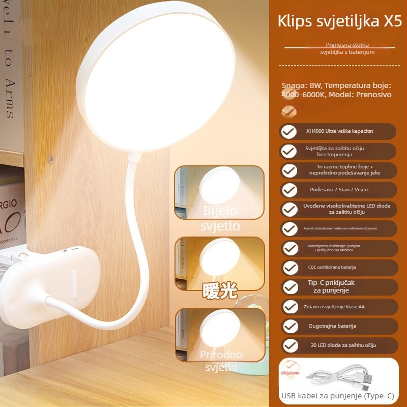 Klips stolna lampa s zaštitom očiju, LED noćno svjetlo s dodirnim upravljačem, ugrađena litijska baterija, plastični abažur