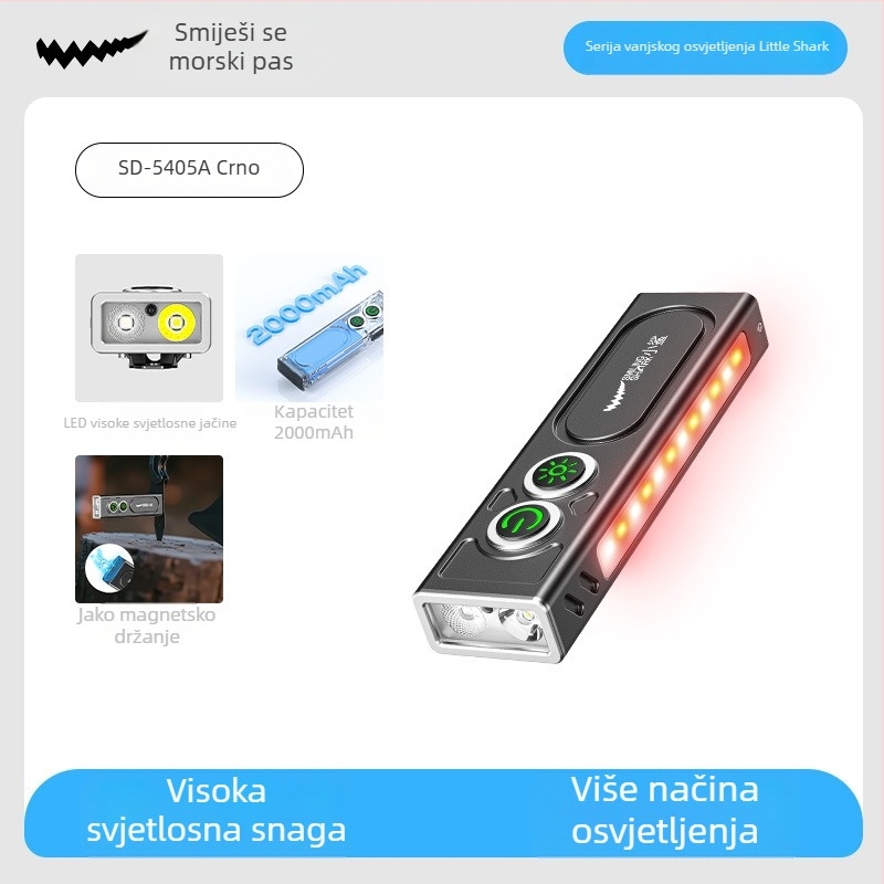 Smiling Shark vanjska LED svjetiljka – aluminijska legura, UV detekcija, punjiva baterija 800–5000 mAh, domet 100–200 m, ručni pogon