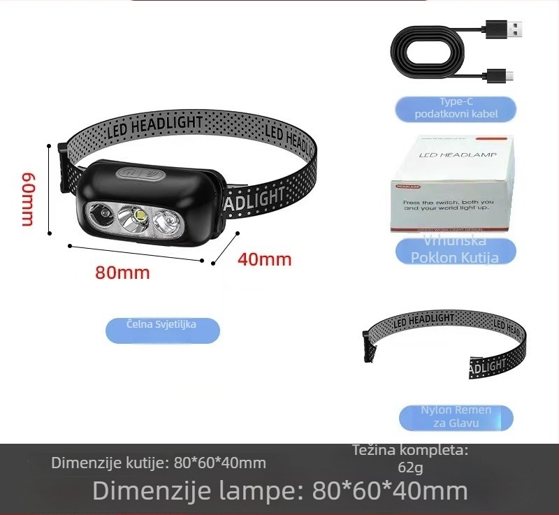 LED čelna lampica, punjiva, 1,5 W, baterija 500mAh, domet 100–200 m, za kampiranje, ribolov i popravke automobila