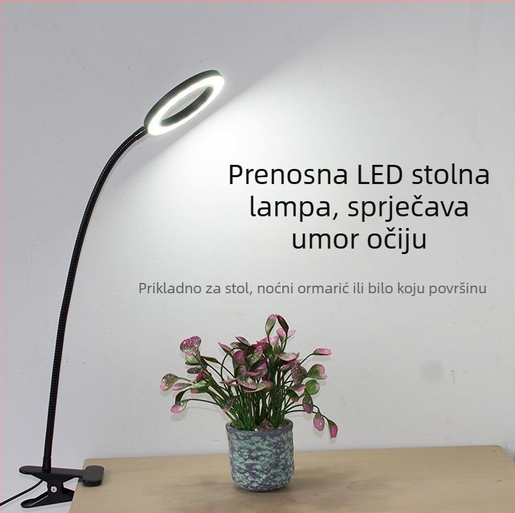 LED klips stolna svjetiljka – učenje i čitanje, zaštita očiju, mrežno napajanje, metalno sjenilo, model EK-002A, napon ≤36V