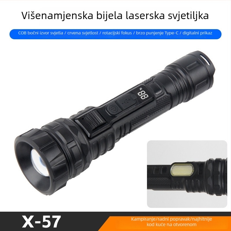 LED baterijska svjetiljka sa snažnim svjetlom i laserom, vanjska napajanja COB radna svjetiljka, 1200mAh, 10W, domet 200–500 m, višenamjenska