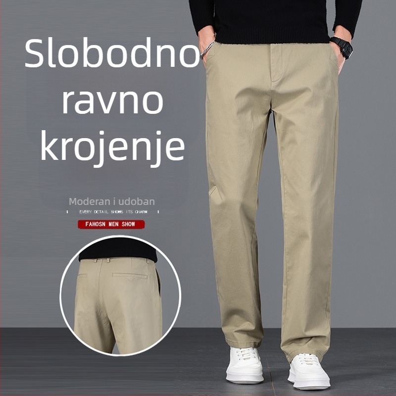 Muške casual hlače od pamuka, srednji visok struk, ravni kroj, zip, debeli materijal, 97.8% pamuk + 2.2% elastan